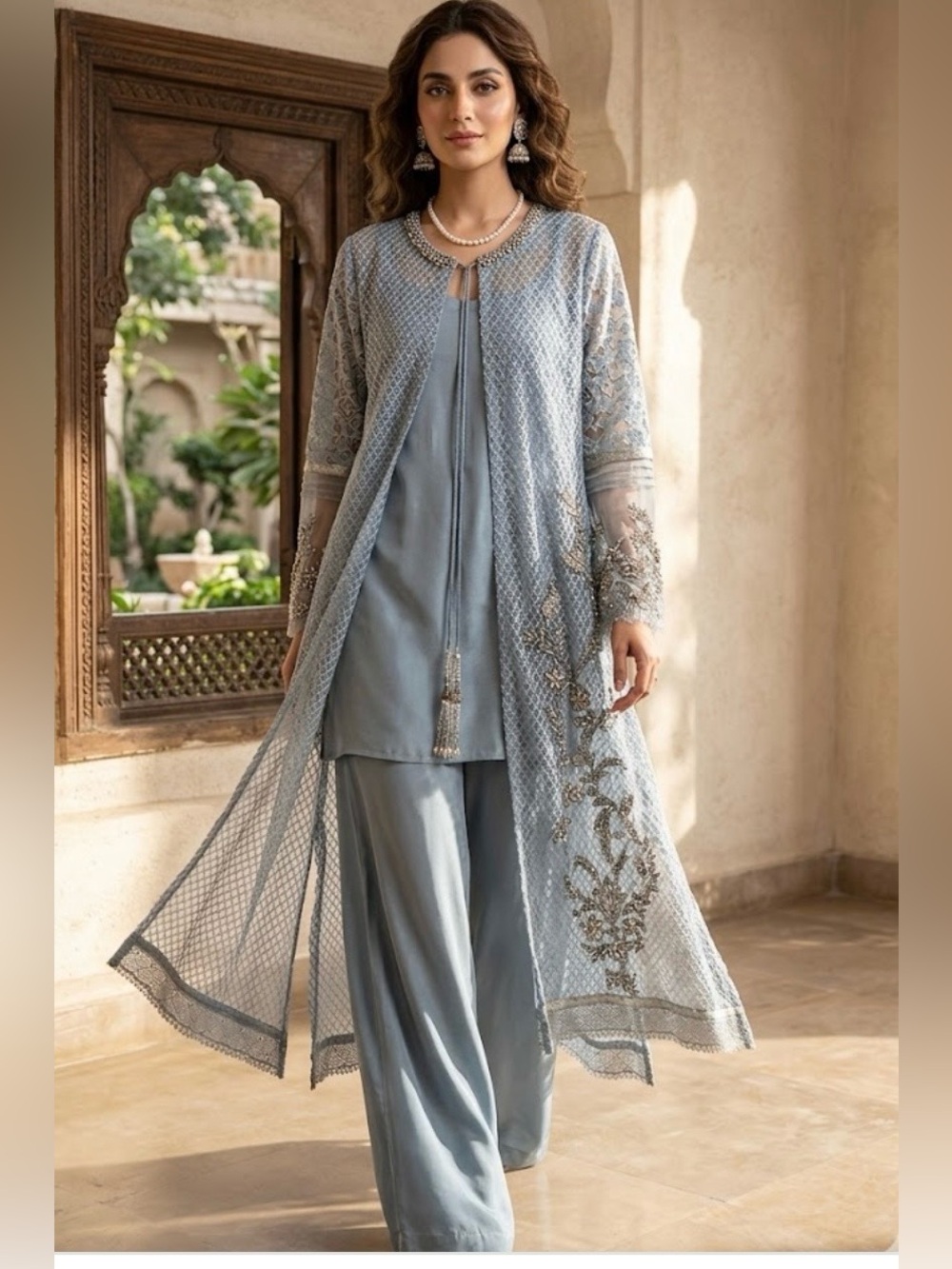 Ammara Khan Pale Blue Embroidered Silk Overlay size M
